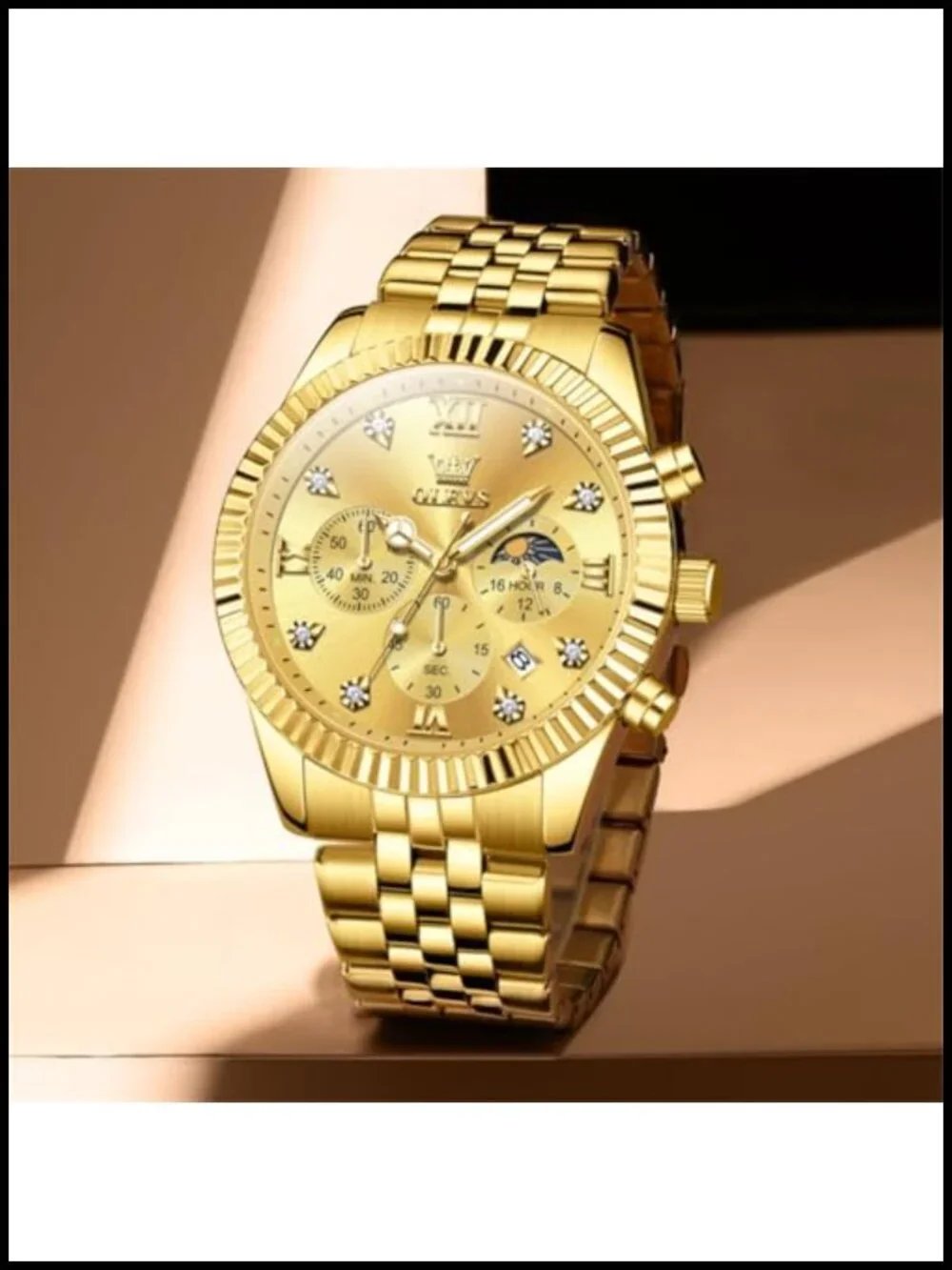 Mens Chronograph Moon Phase Stainless Steel Wrist Watch